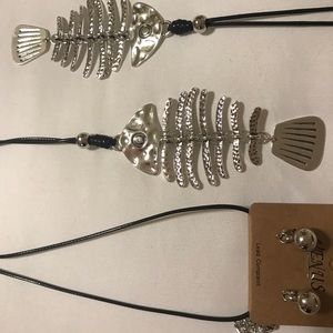 Silvertone long strand fish necklace